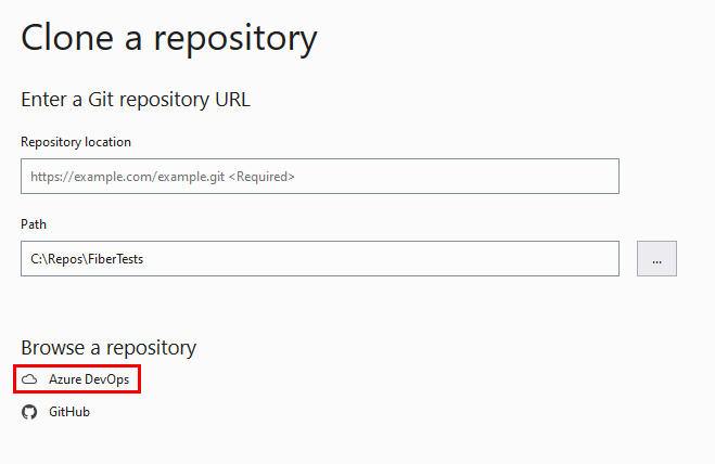 Visual Studio の [リポジトリのクローン] ダイアログのスクリーンショット。