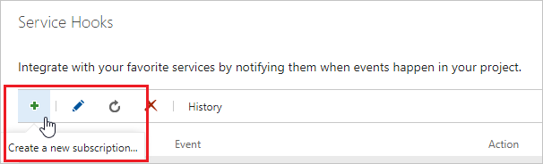 緑色のプラスを選択して、新しいサービス フック サブスクリプションを作成する。