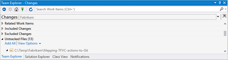 チーム エクスプローラーで追跡対象および追跡対象でない変更を表示