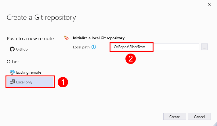 Visual Studio 2019 で [Local only] (ローカルのみ) オプションが選択されている [Git リポジトリの作成] ウィンドウのスクリーンショット。