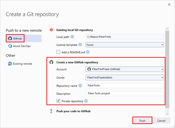 Visual Studio 2022 の [Git リポジトリの作成] ダイアログ ボックスのスクリーンショット。