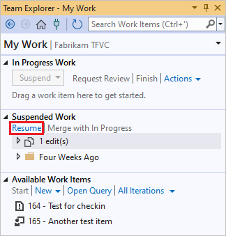 チーム エクスプローラーの [担当作業] ページの [再開] リンクを示すスクリーンショット。
