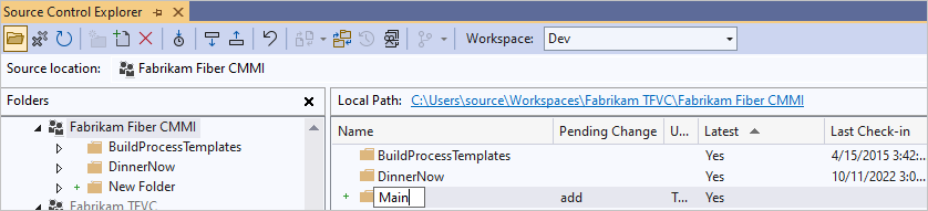 ソース管理エクスプローラーの新しいフォルダーの名前変更を示すスクリーンショット。