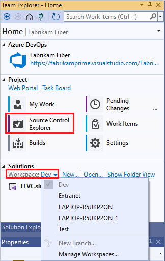 [ソース管理エクスプローラー] または [ワークスペースの管理] を選択できるチーム エクスプローラーを示すスクリーンショット。