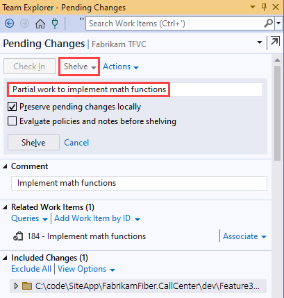 チーム エクスプローラーの [保留中の変更] ページのスクリーンショット。[シェルブ] セクションで、作業を説明する名前が強調表示されています。