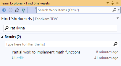 チーム エクスプローラーの [シェルブセットの検索] ページのスクリーンショット。検索ボックスには、チーム メンバーの名前が含まれています。[結果] には、2 つのシェルブセットが表示されています。