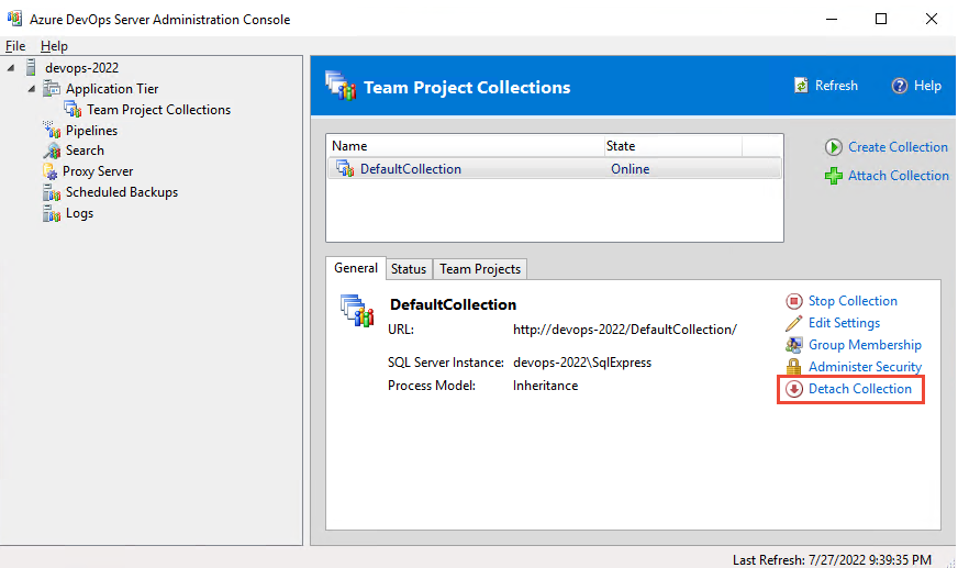 [Detach collection] (Azure DevOps Server 2022) の選択のスクリーンショット。