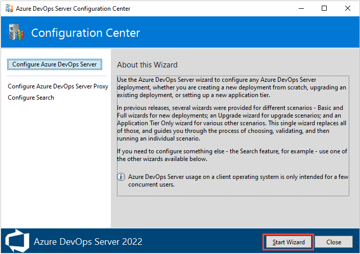 Configuration Center、スタート ウィザード、スタート ウィザード、Azure DevOps Server 2022 のスクリーンショット。