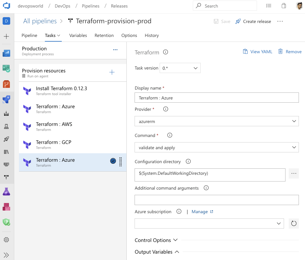 Terraform と Azure Pipelines の統合のスクリーンショット。