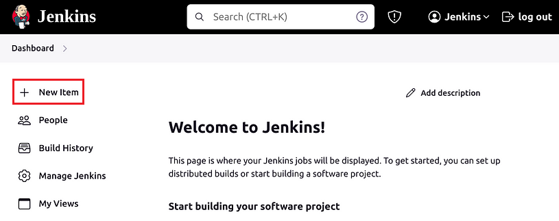 Jenkins の [新しい項目] リンクを示すスクリーンショット。