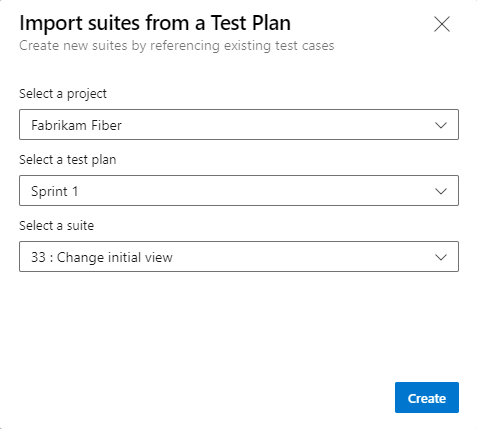 テスト計画ダイアログからのスイートのインポートを示すスクリーンショット。