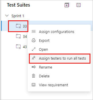 テスト スイートのコンテキスト メニューの [テスト担当者を割り当ててすべてのテストを実行する] オプションを示すスクリーンショット。