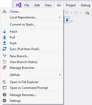 Visual Studio 2019 Git メニューのスクリーンショット。