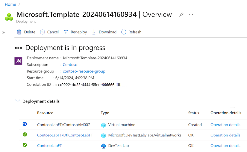 テンプレートの [概要] ページで、新しいラボと要求済みの VM のデプロイが進行中であることを示すスクリーンショット。