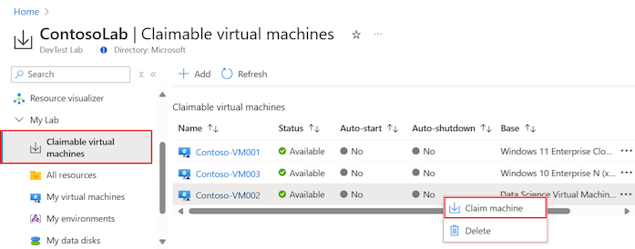 要求可能な VM を選択する方法を示すスクリーンショット。