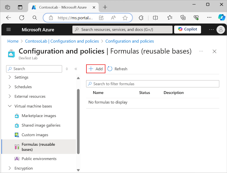 DevTest Labs の数式と再利用可能なベースの [追加] オプションの選択方法を示すスクリーンショット。