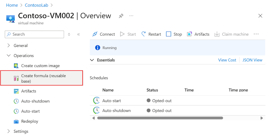 DevTest Labs のラボの既存の VM から数式を作成する方法を示すスクリーンショット。