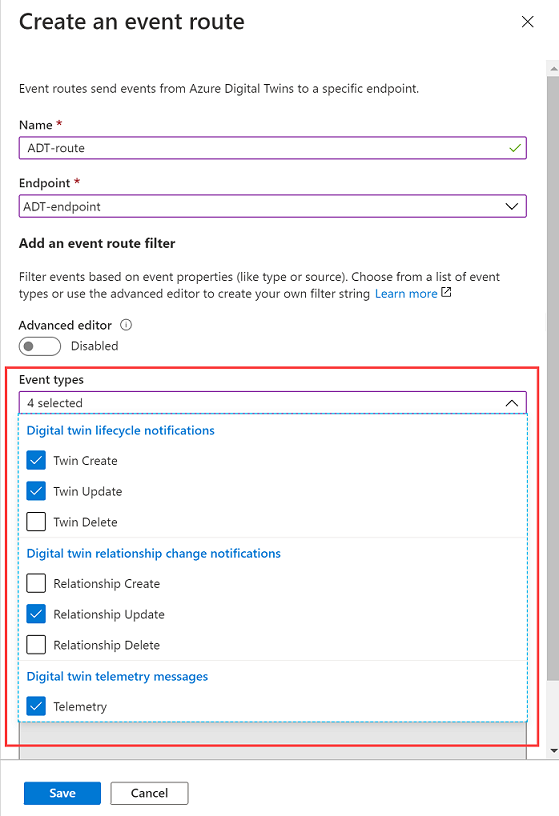 Azure portal の基本フィルターでイベント ルートを作成するスクリーンショット。イベントのチェックボックスが強調表示されています。