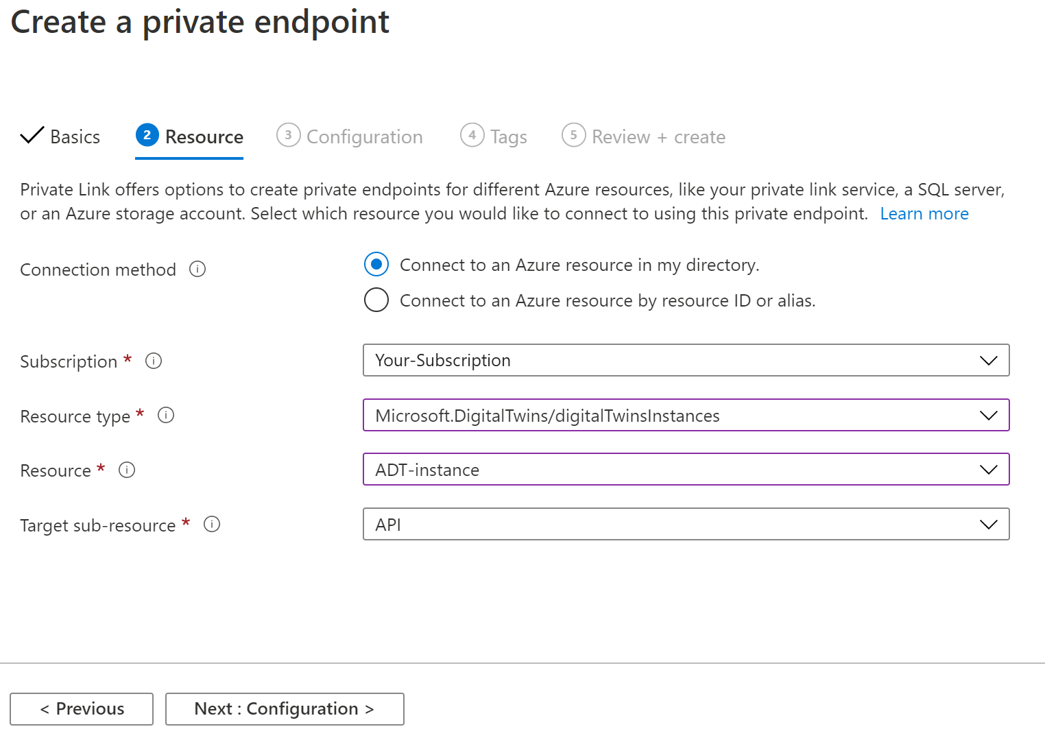 [プライベート エンドポイントの作成] ダイアログの 2 番目の ([リソース]) タブが表示されている Azure portal のスクリーンショット。上で説明したフィールドが含まれます。