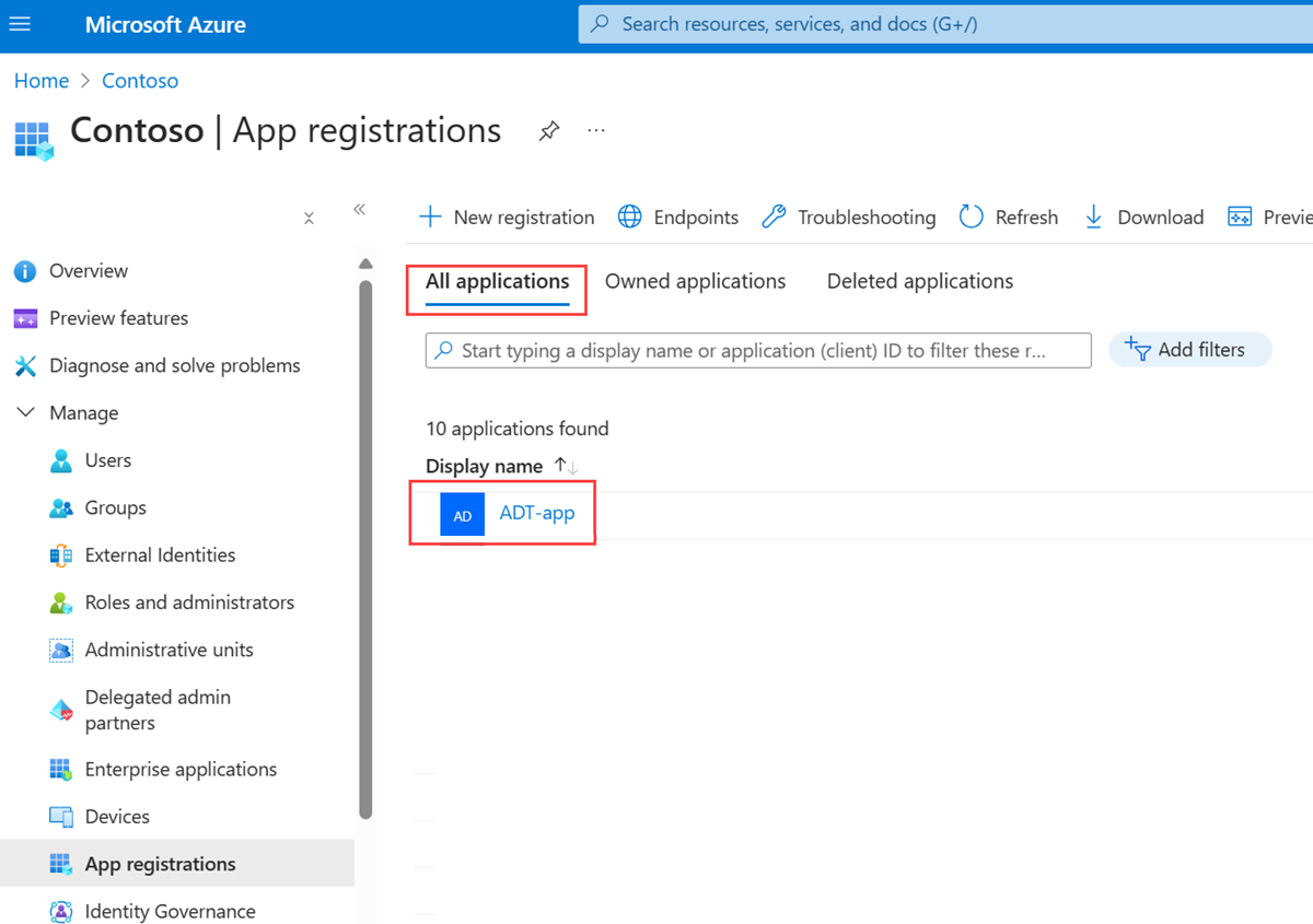 Azure portal のアプリの登録ページのスクリーンショット。