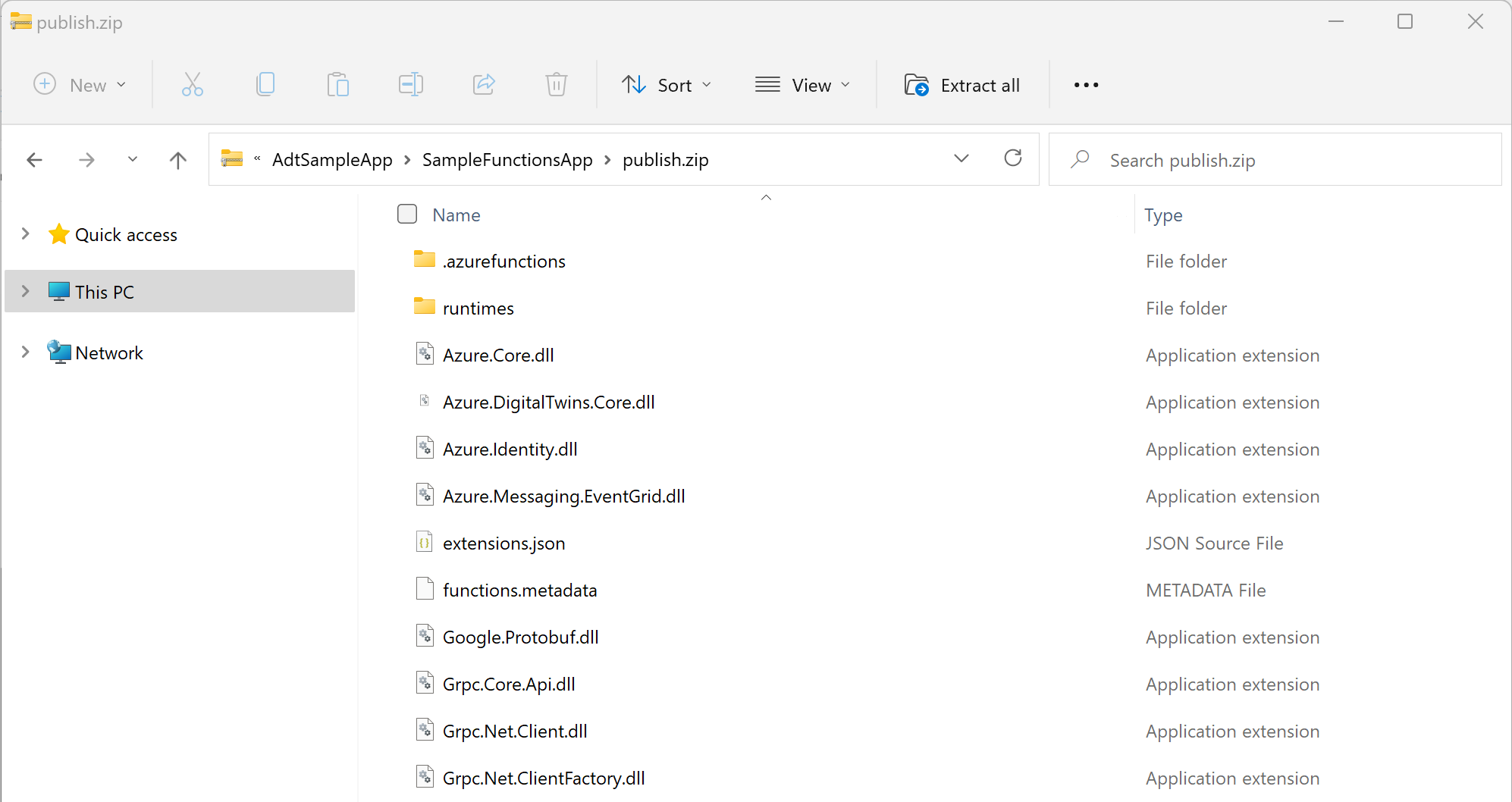 publish.zip フォルダーの内容を示す、Windows のエクスプローラーのスクリーンショット。