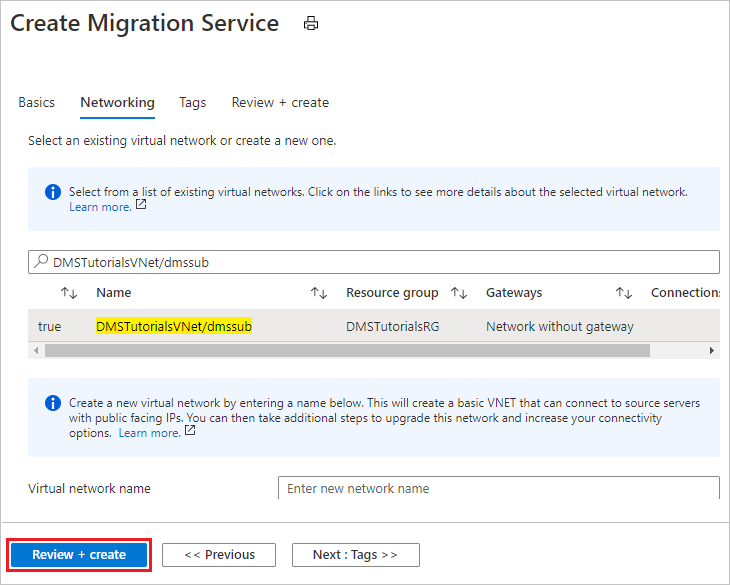 Azure Database Migration Service インスタンスのネットワーク設定構成のスクリーンショット。