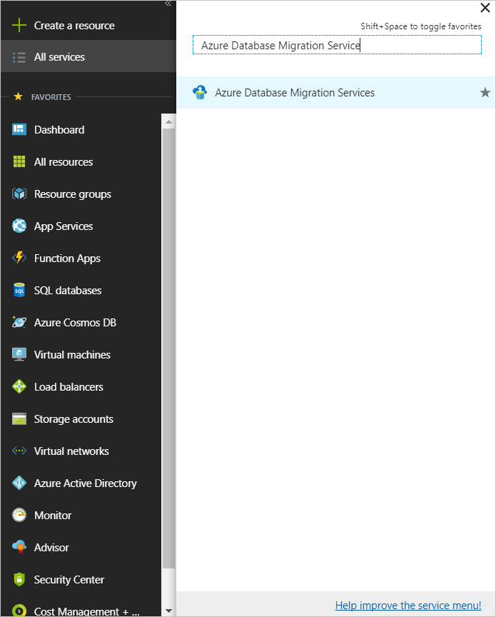 Azure Database Migration Service のすべてのインスタンス検索のスクリーンショット。