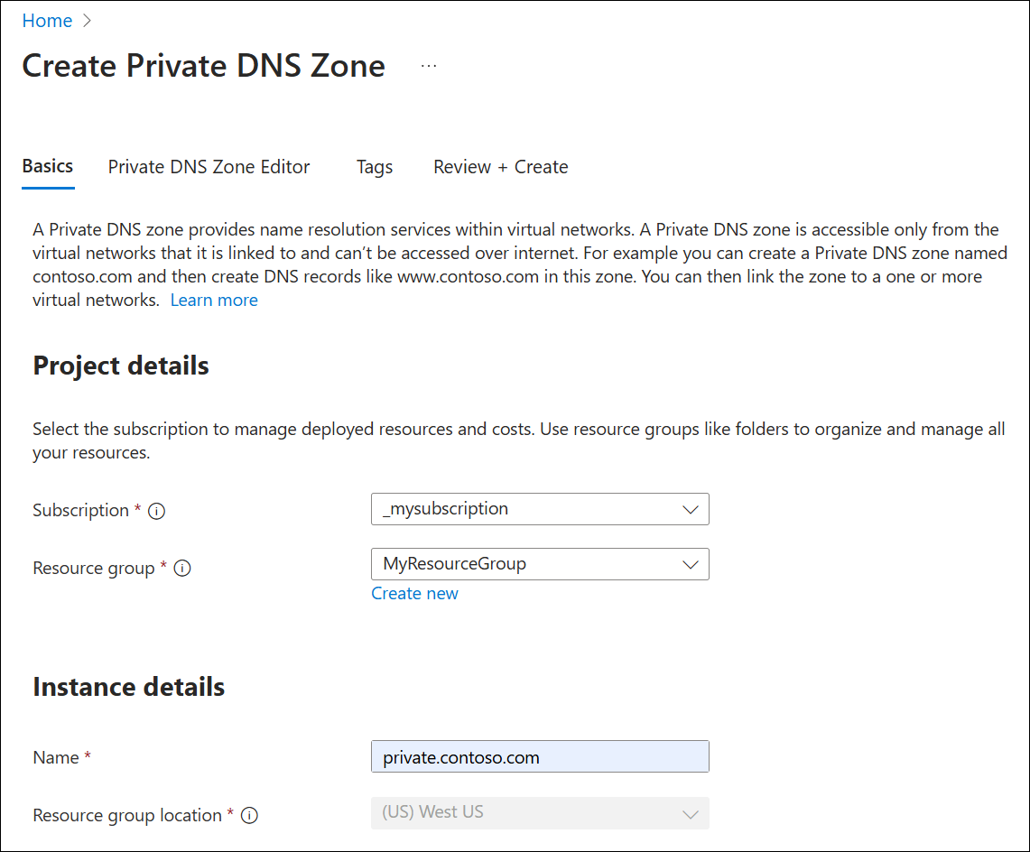 プライベート DNS ゾーンの作成のスクリーンショット。