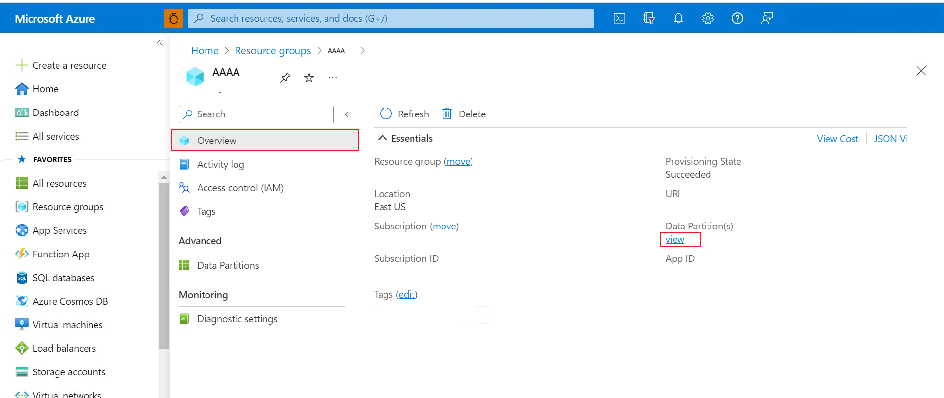 Azure Data Manager for Energy インスタンスの [概要] ページからの data-partition-id の検索を示すスクリーンショット。