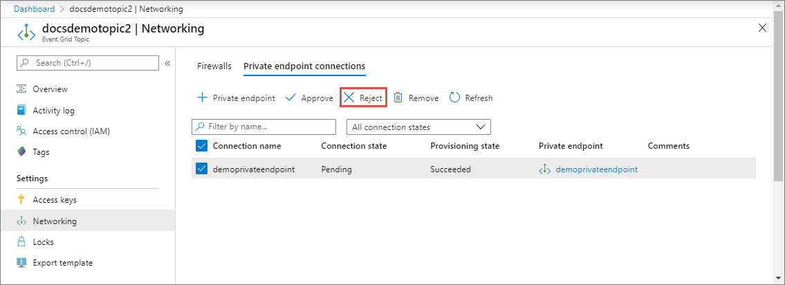[ネットワーク] - [プライベート エンドポイント接続] で [拒否] が選択されたことを示すスクリーンショット。