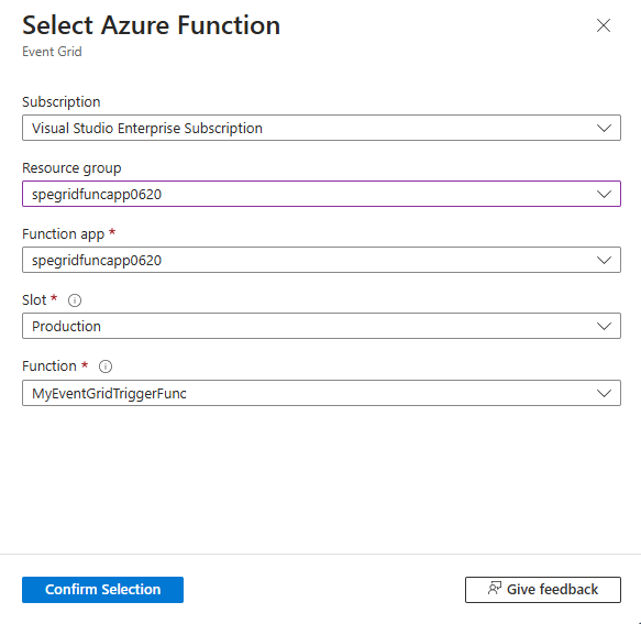 以前に作成した Azure 関数を選択するためのペインを示すスクリーンショット。