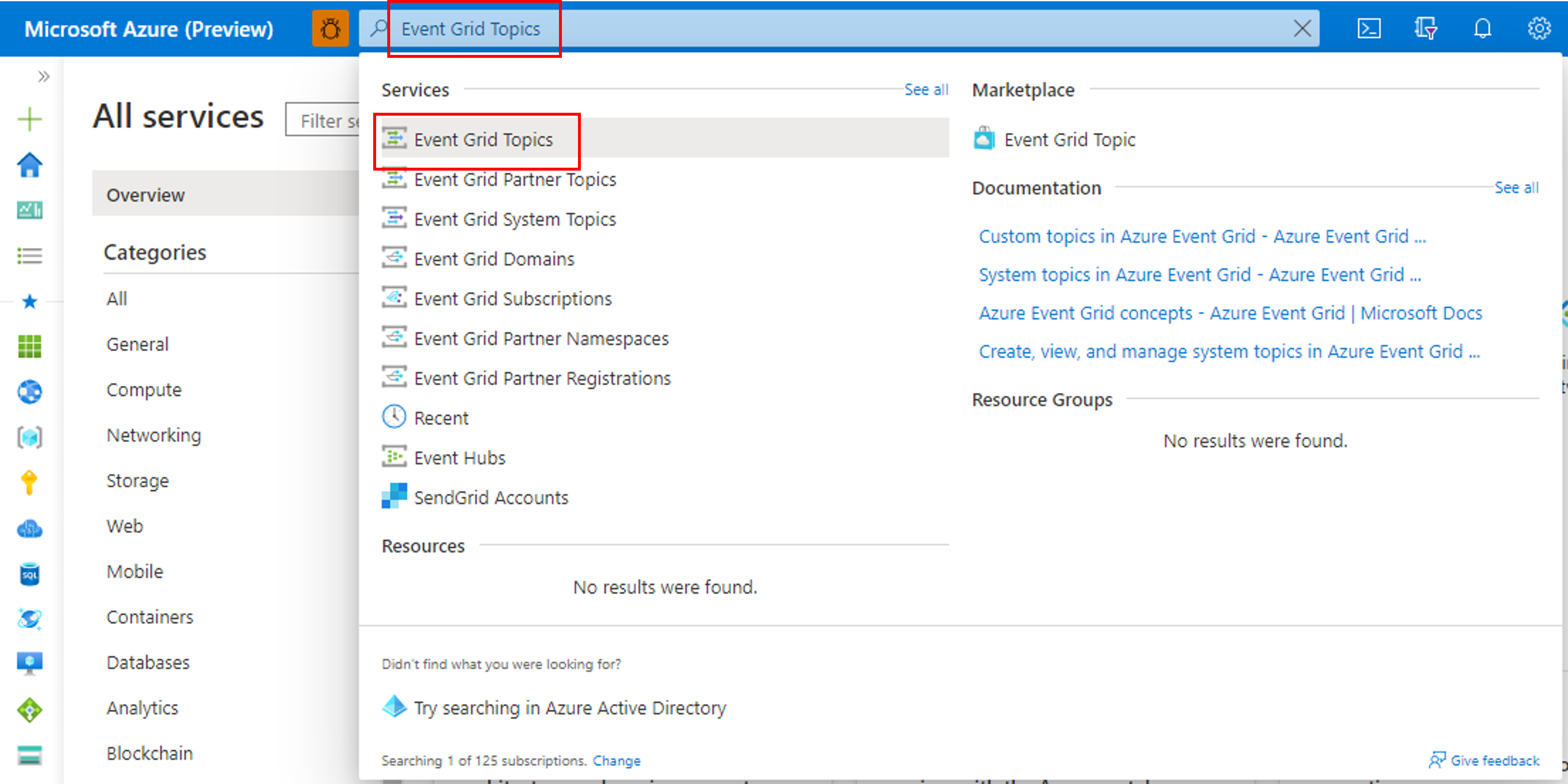 検索ボックス内に Event Grid トピックが表示された Azure portal を示すスクリーンショット。