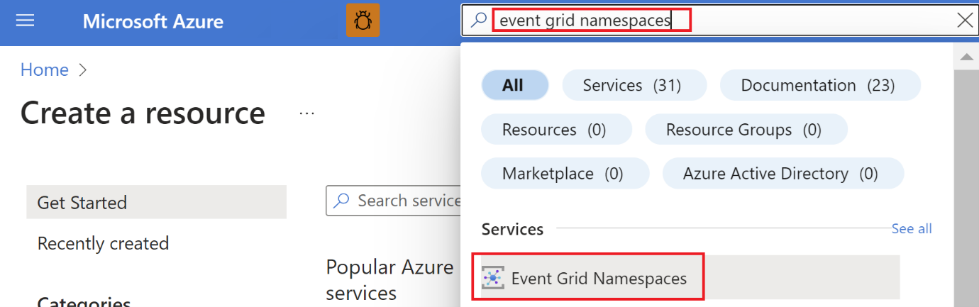 Azure portal で Event Grid 名前空間を検索しているスクリーンショット。