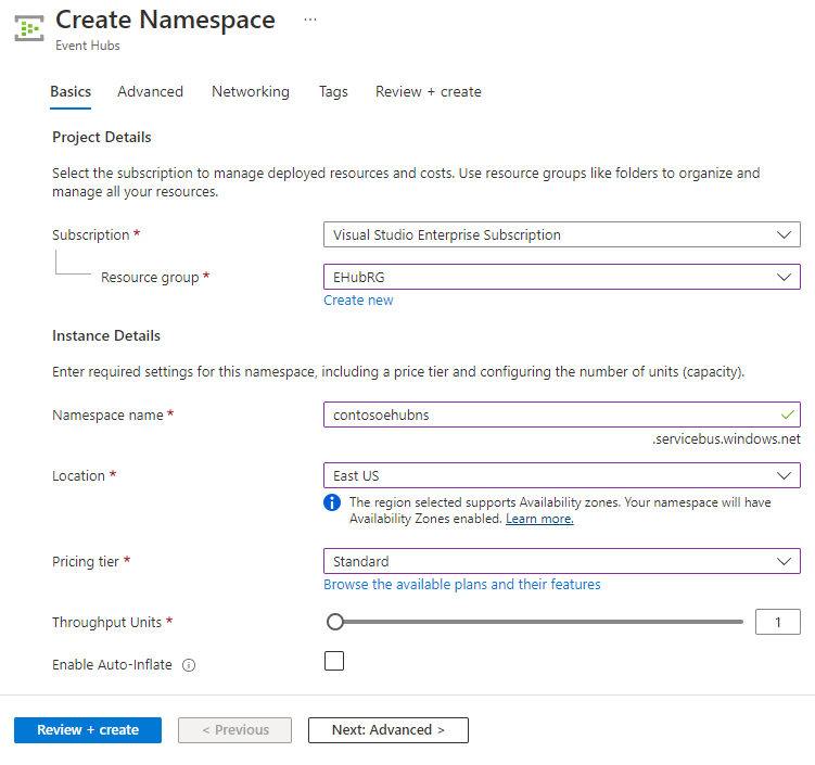 Azure portal の [名前空間の作成] ページのスクリーンショット。