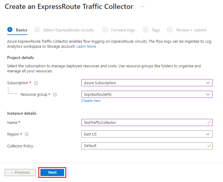 ExpressRoute Traffic Collector の作成に関する基本ページのスクリーンショット。