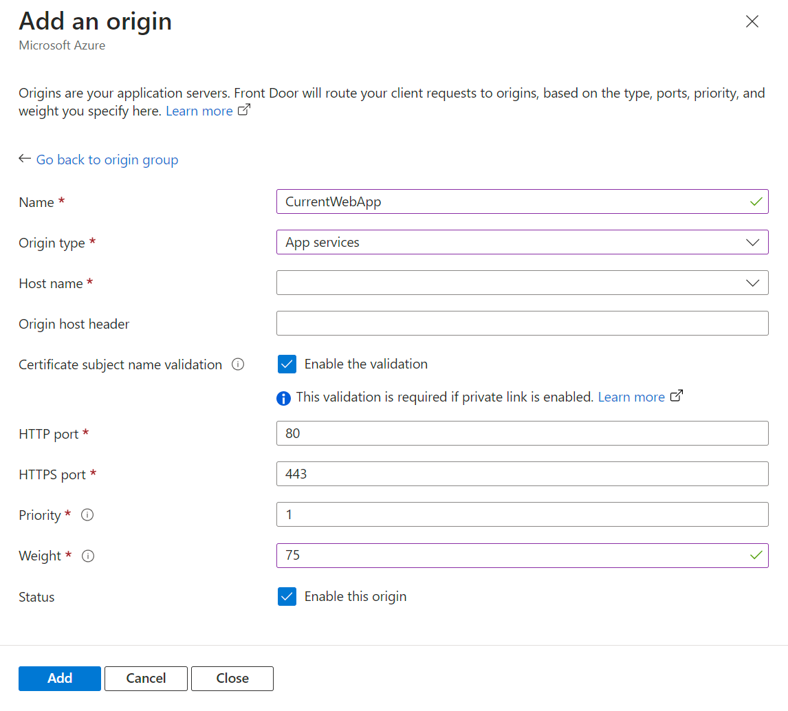 新しい Azure Front Door プロファイルの配信元グループに最初の配信元を追加しているスクリーンショット。