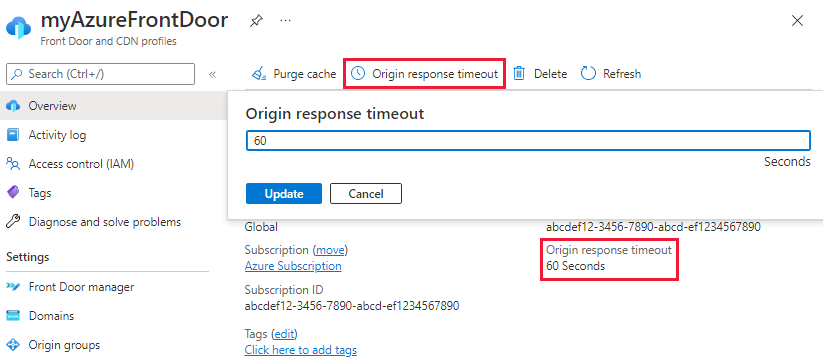 Azure Front Door プロファイルの [概要] ページでの配信元のタイムアウト設定のスクリーンショット。