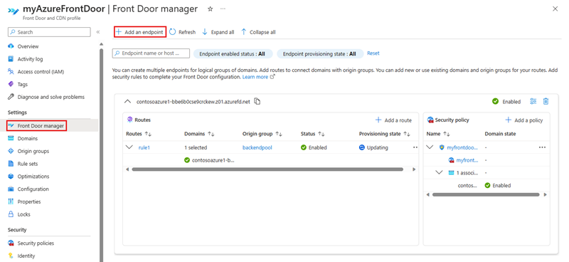 Front Door マネージャーを使用したエンドポイントの追加のスクリーンショット。