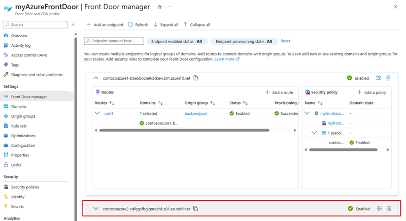 Front Door マネージャーでのエンドポイントの一覧のスクリーンショット。