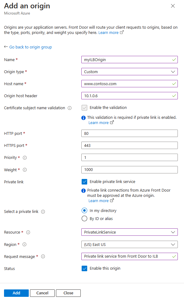 IP アドレスを使って内部ロード バランサーのプライベート リンクを有効にするスクリーンショット。