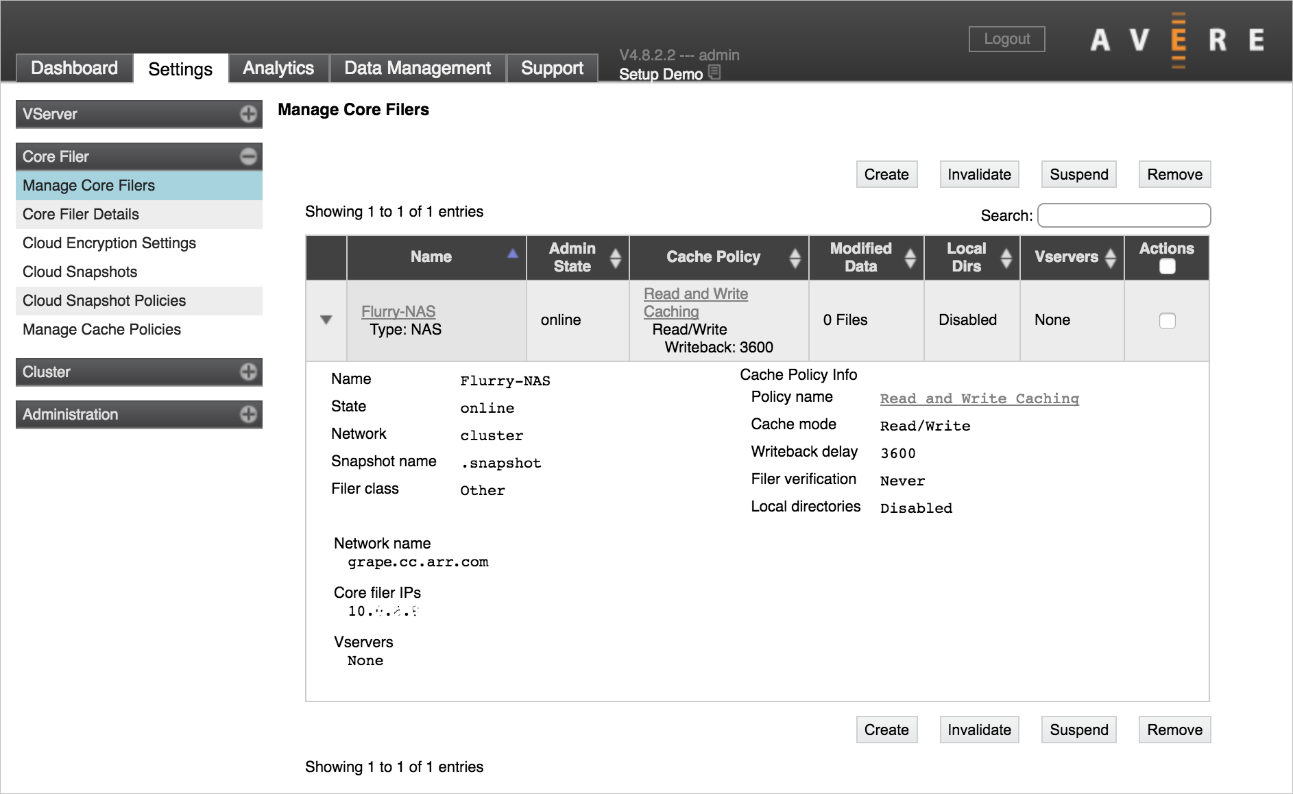 [Manage Core Filers] (コア ファイラーの管理) 設定ページで 