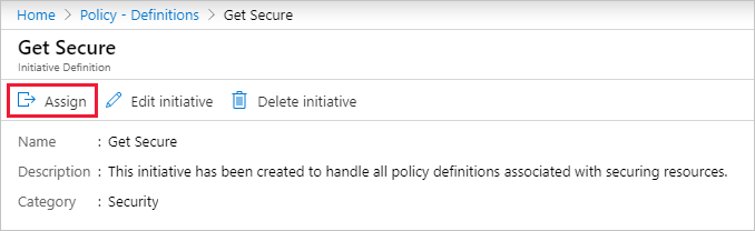 [イニシアティブ定義] ページの [割り当て] ボタンのスクリーンショット。
