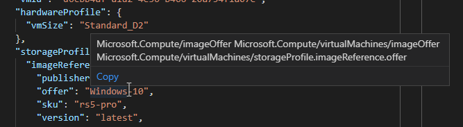 プロパティにカーソルが合わされてエイリアス名が表示されている、Visual Studio Code 用の Azure Policy 拡張機能のスクリーンショット。