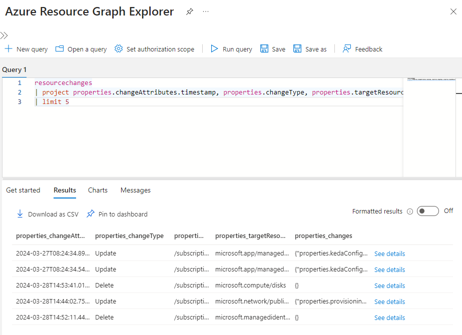 Resource Graph エクスプローラーでクエリを実行し、結果を表示する方法のスクリーンショット。