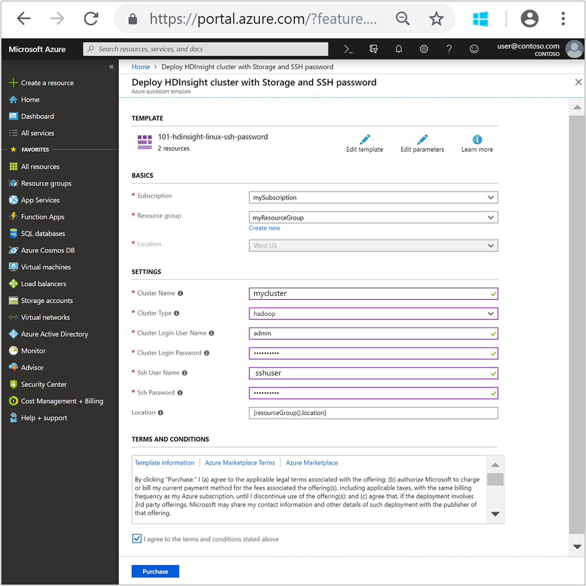 HDInsight Linux ポータルで Resource Manager テンプレートの使用を開始する。