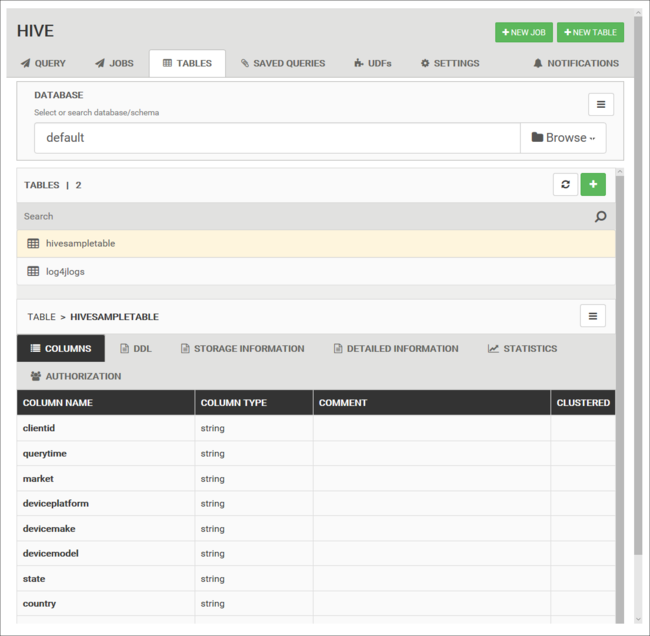 Apache Hive の [tables] タブの画像。