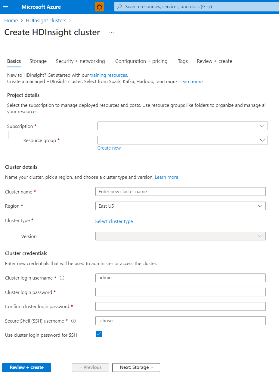 HDInsight のカスタム クイック作成オプション。