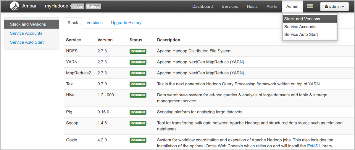 Apache Ambari の [Admin] の [Stacks and Versions]。