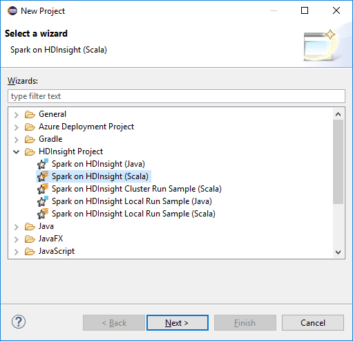 Selecting the Spark on HDInsight (Scala) project.