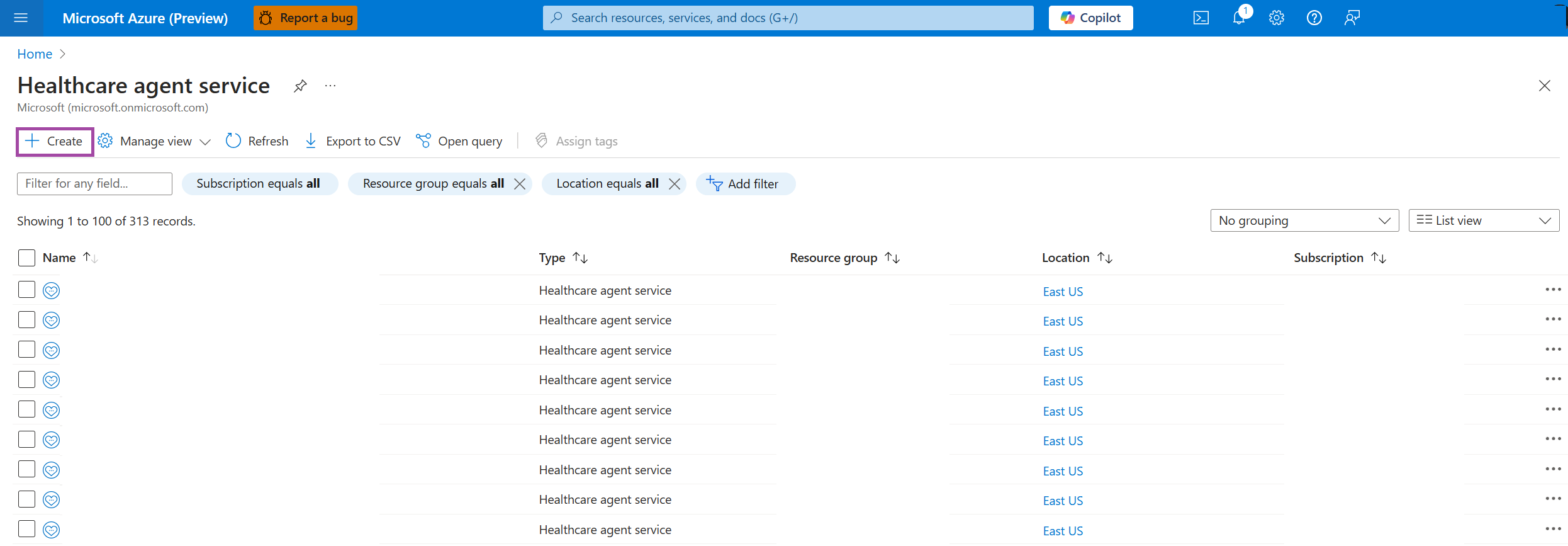 A screenshot of Azure managing Azure healthcare agent service instances